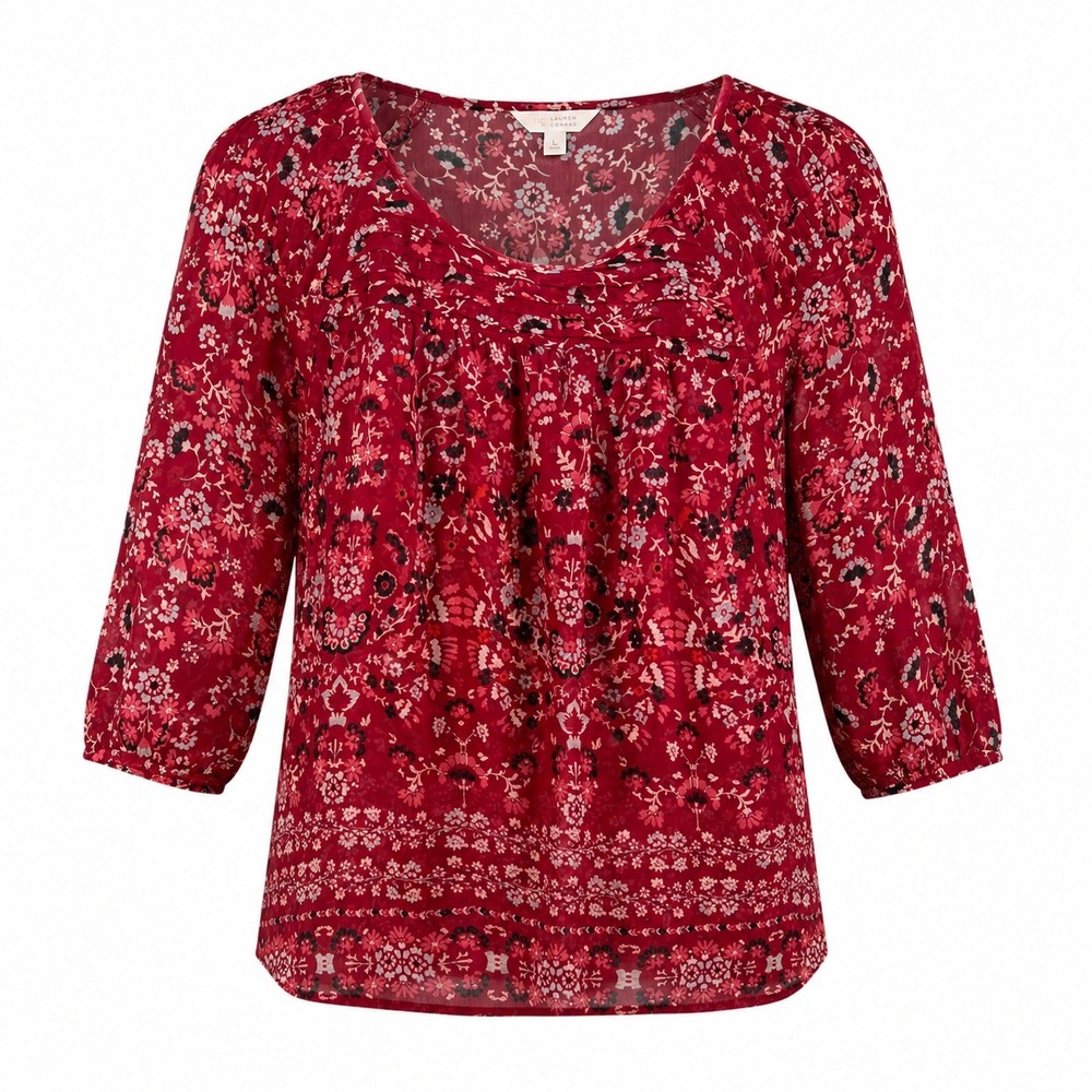 LC Lauren Conrad Floral Peasant Blouse Red 3/4 Sleeve Boho Large Cottagecore Top